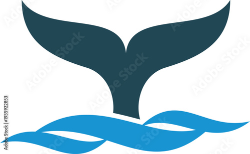 Fish tail in water waves. Blue whale logo