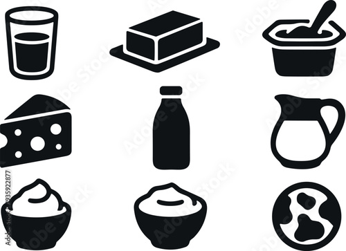 Black and white vector icons collection featuring milk, butter, yogurt, cheese, cream, and dairy products in minimal style for food, nutrition, and culinary design