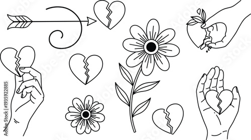 Broken heart love symbols set arrow flower hand holding heart emotional pain relationship breakup vector illustration collection