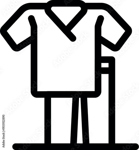 Cricket uniform displayed on a stand, featuring a shirt, wicket keeping gloves, and a bat, ready for the next match