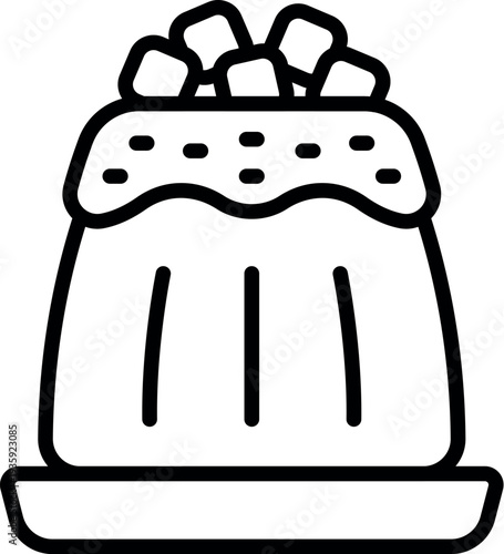 Sweet pudding dessert served on a plate, topped with caramel sauce and sugar cubes, perfect for a tasty treat