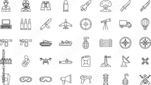 Modern Military Vehicles and Logistics Outline Vector Featuring Tank Submarine Fighter Jet Drone Cargo Truck and Strategic Defense Equipment Icons.
