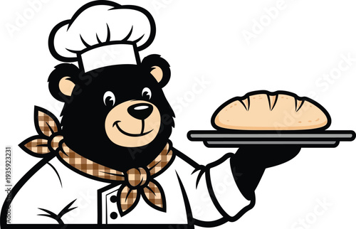 Friendly cartoon black bear character wearing a traditional white chef uniform and toque hat presenting a freshly baked artisan loaf of bread on a serving platter graphic design