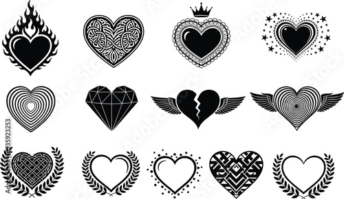 Decorative heart icons set love romance valentine symbols winged crowned flaming ornate vector illustration design collection
