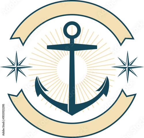 Marine anchor emblem. Round navy travel sign