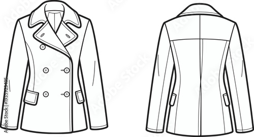 Double breasted pea coat illustration, front and back view women winter jacket vector fashion design isolated on white background