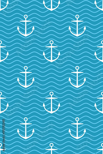 Anchor in sea waves pattern. Blue marine background