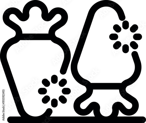 Line drawing of a strawberry and an udder producing milk, symbolizing dairy products and their natural origins