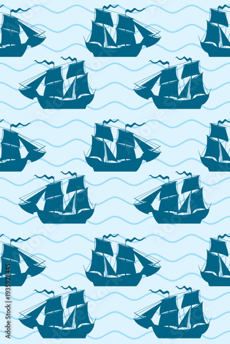 Sailing ship decorative pattern. Seamless marine background