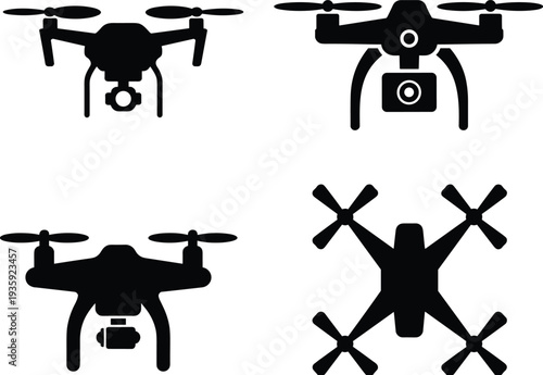 Drone silhouette icons, aerial photography vector, black drone shapes, quadcopter illustration, surveillance design motif, modern technology stock art collection
