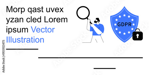 Data protection, privacy regulations, online security, legal compliance, user authentication, access control. Man with magnifying glass and shield with GDPR and lock. Data protection and privacy