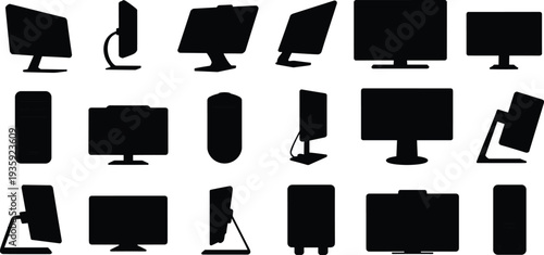 Electronic device silhouettes, computer monitors, digital screens, technology gadgets, modern displays, tablets, smartphones, office equipment, user interface, product design, innovation