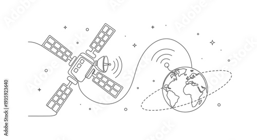 A line drawing depicts a satellite transmitting signals to earth