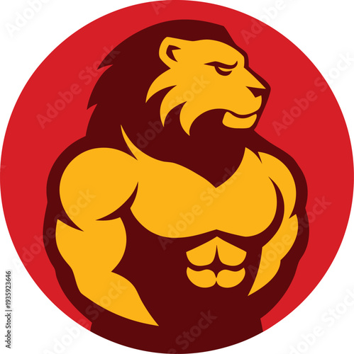 Muscular lion gym mascot logo in bold circle emblem style vector illustration