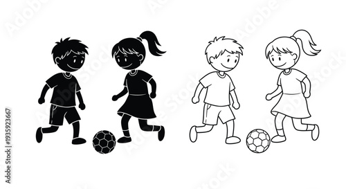 Four cartoon children playing with a soccer ball in different styles
