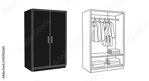 Black and white illustration of a wardrobe with open and closed doors