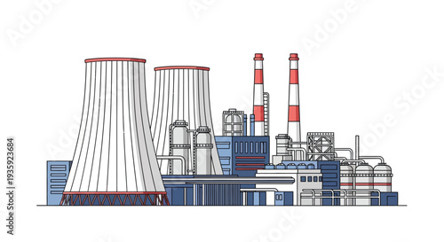 Illustration of a large industrial complex with cooling towers and smokestacks