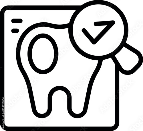 Dental x ray with magnifying glass and check mark, representing successful dental checkup and healthy teeth