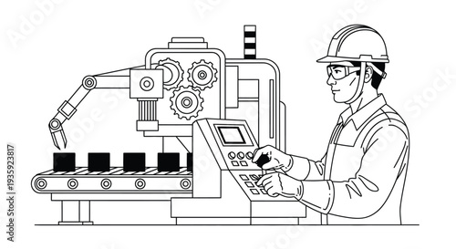 Factory worker operating automated machinery with a conveyor belt