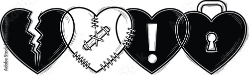 Broken heart to healing stitched heart warning and locked heart icons representing relationship pain recovery emotional protection concept love symbolism