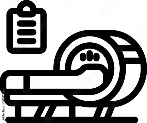 Mri machine scanning patient with medical report clipboard, healthcare icon