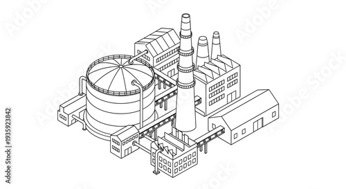 Isometric illustration of an industrial complex with smokestacks and tanks
