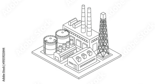 Isometric illustration of an industrial complex with smokestacks and tanks