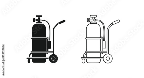 Two depictions of a black and white oxygen tank with wheels