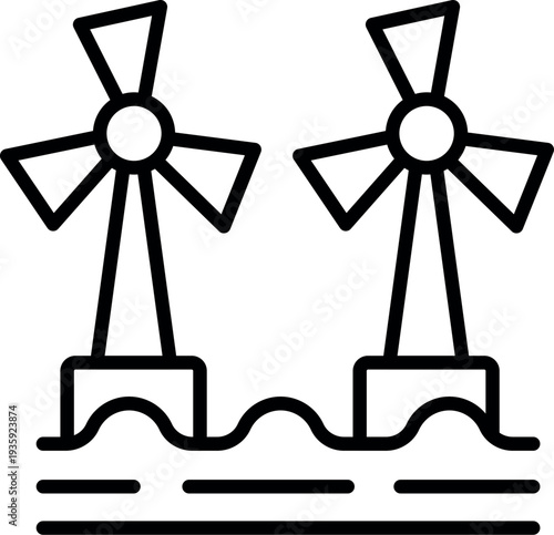 Simple line drawing of two offshore wind turbines generating renewable energy in the ocean