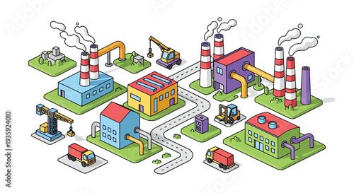 Isometric illustration of an industrial complex with factories and pollution