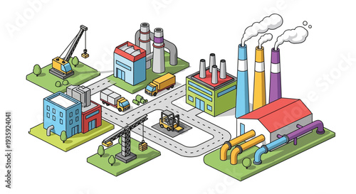 Isometric illustration of an industrial area with factories and pollution