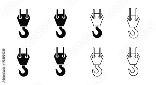 Four pairs of crane hooks black and white line art illustrations
