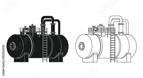 Industrial tanks and pipelines a black and white line art comparison