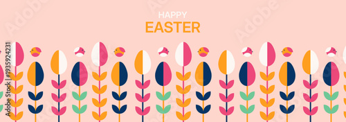 Spring and Easter promotional banner with elegant floral decorations and cheerful holiday typography modern horizontal vector template for marketing and web headers