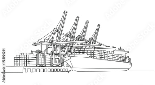Continuous line drawing of a cargo ship being loaded at a port