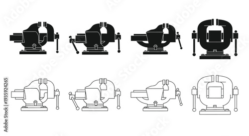 Four views of a machinist vise illustrating its design and functionality