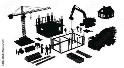 Construction site elements in black silhouette showing building progress