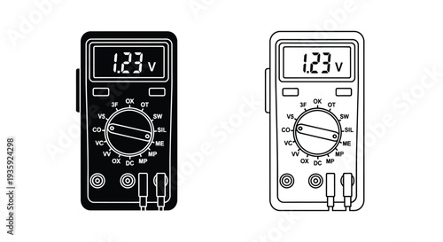 Two black and white illustrations of digital multimeters displaying voltage