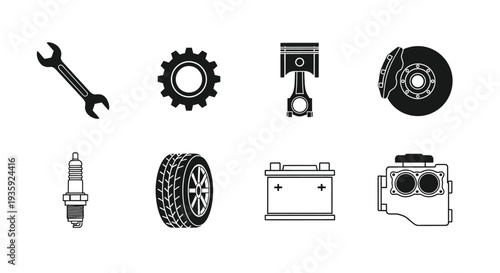 Automotive repair tools and components in a black and white illustration
