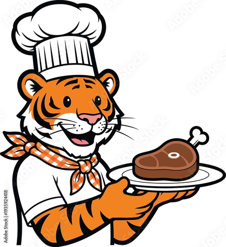 Cheerful cartoon tiger mascot illustration dressed as a professional chef wearing a tall white toque hat and presenting a grilled steak on a white serving plate