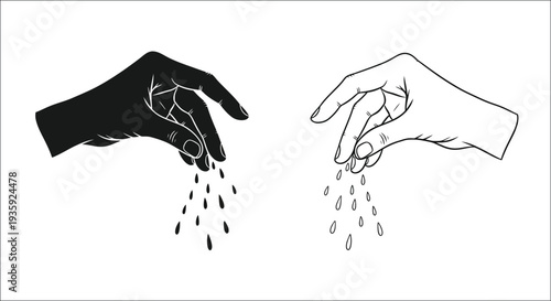 Two hands reaching towards each other scattering seeds or particles