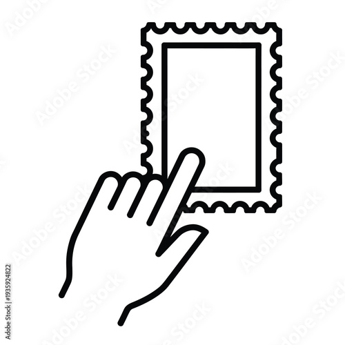 Vector of a hand pressing a finger against a blank postage stamp with a wavy border