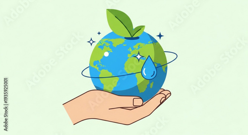 Hand holding earth with green leaf and water droplet symbolizing eco friendly care and sustainability