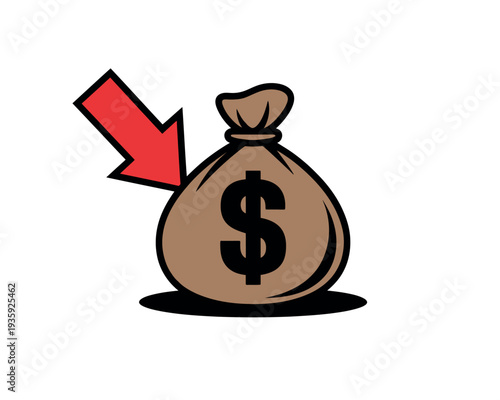 A cartoon illustration of a money bag with a red arrow pointing downward, symbolizing financial loss or decrease.