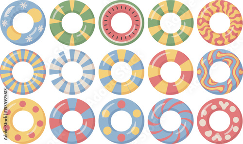 Set of 15 decorative inflatable swim rings with various patterns and colors for summer.