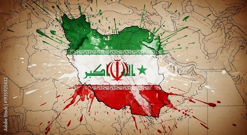 Iran flag splattered with paint on map of Middle East showing regional instability