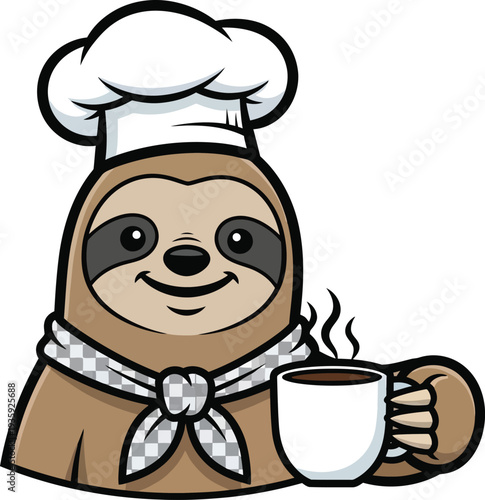 Cheerful vector illustration of a cute sloth mascot wearing a tall white chef hat and a checkered neckerchief while happily holding a steaming hot mug of coffee beverage design.