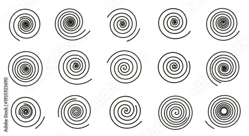 Collection of Swirling Spiral Shapes Isolated on White Background.