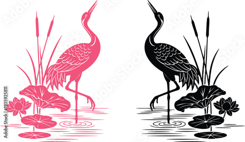 Pink Crane Silhouette with Water Lily on Black Background