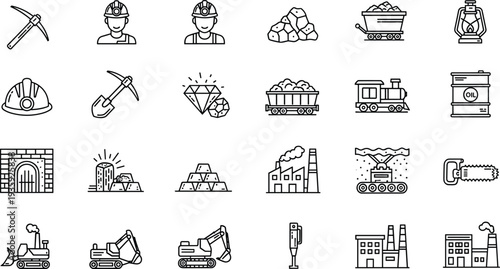 Mining icons, industrial tools, construction equipment, excavation machinery, safety helmet, lantern, diamonds, gold bars, oil barrel, factory, bulldozer, excavator, jackhammer, mining cart, pickaxe